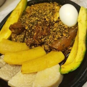 Ampesi with Palava sauce/Garden eggs stew